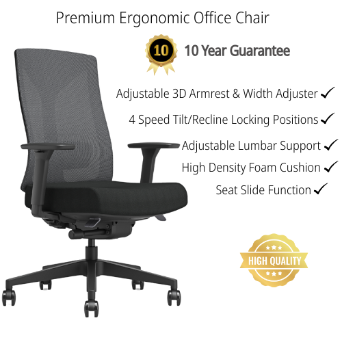 Black mesh ergonomic office chair with 3D armrests, lumbar support, and black five-star base; features listed include seat slide, tilt lock, and high-density foam cushion